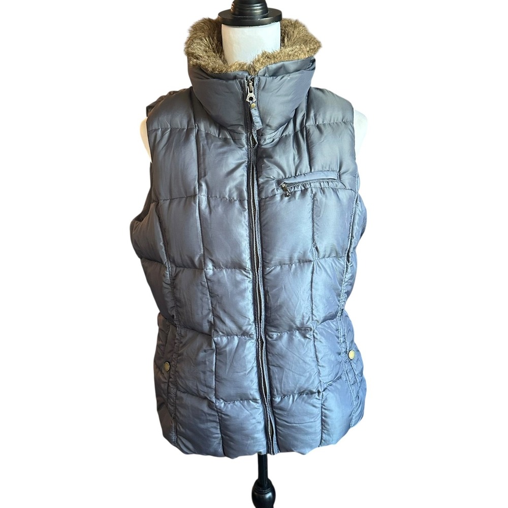 Lands' End Vest Women's Medium Gray Down Vest Faux‎ Fur Collar Gray Puffer